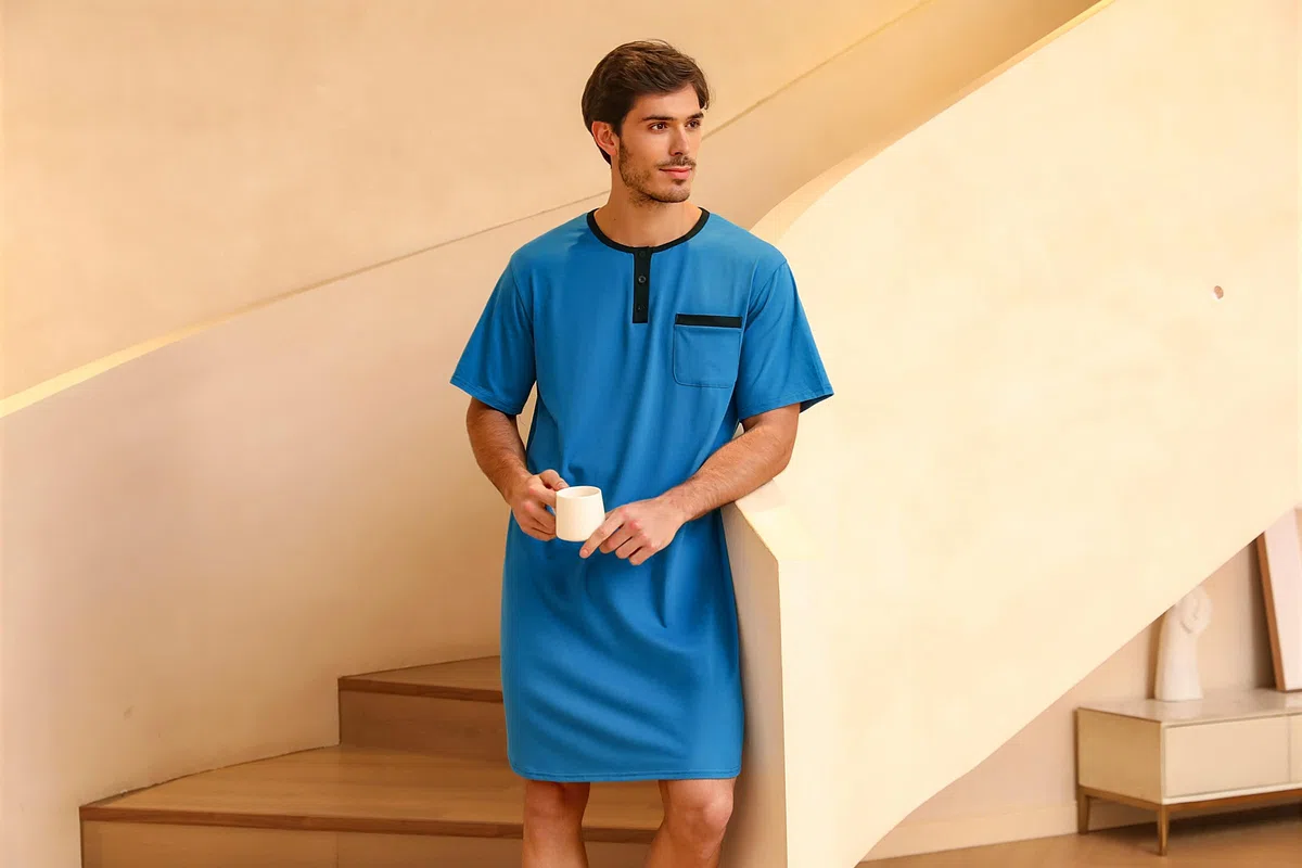 Uniexcosm Camicia da Notte da Uomo in Cotone Pigiama da Uomo Girocollo con Bottoni Pigiama Comoda Maniche Corte Girocollo, Tinta Unita Sottile