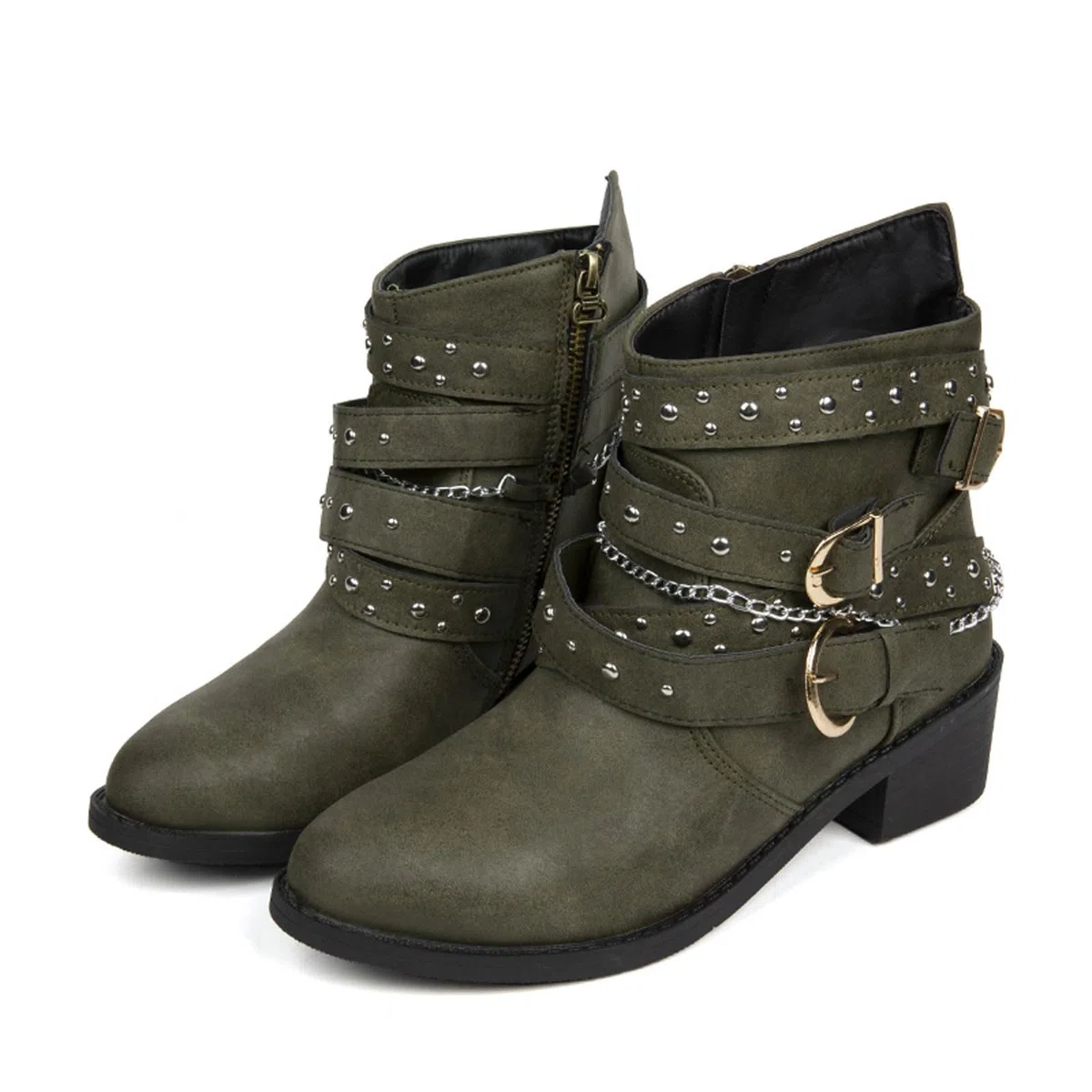 Stivaletti da donna, con tacco a blocco, autunno, inverno, da donna, con fibbie, vintage, da cowboy, tinta unita, con chiusura lampo laterale