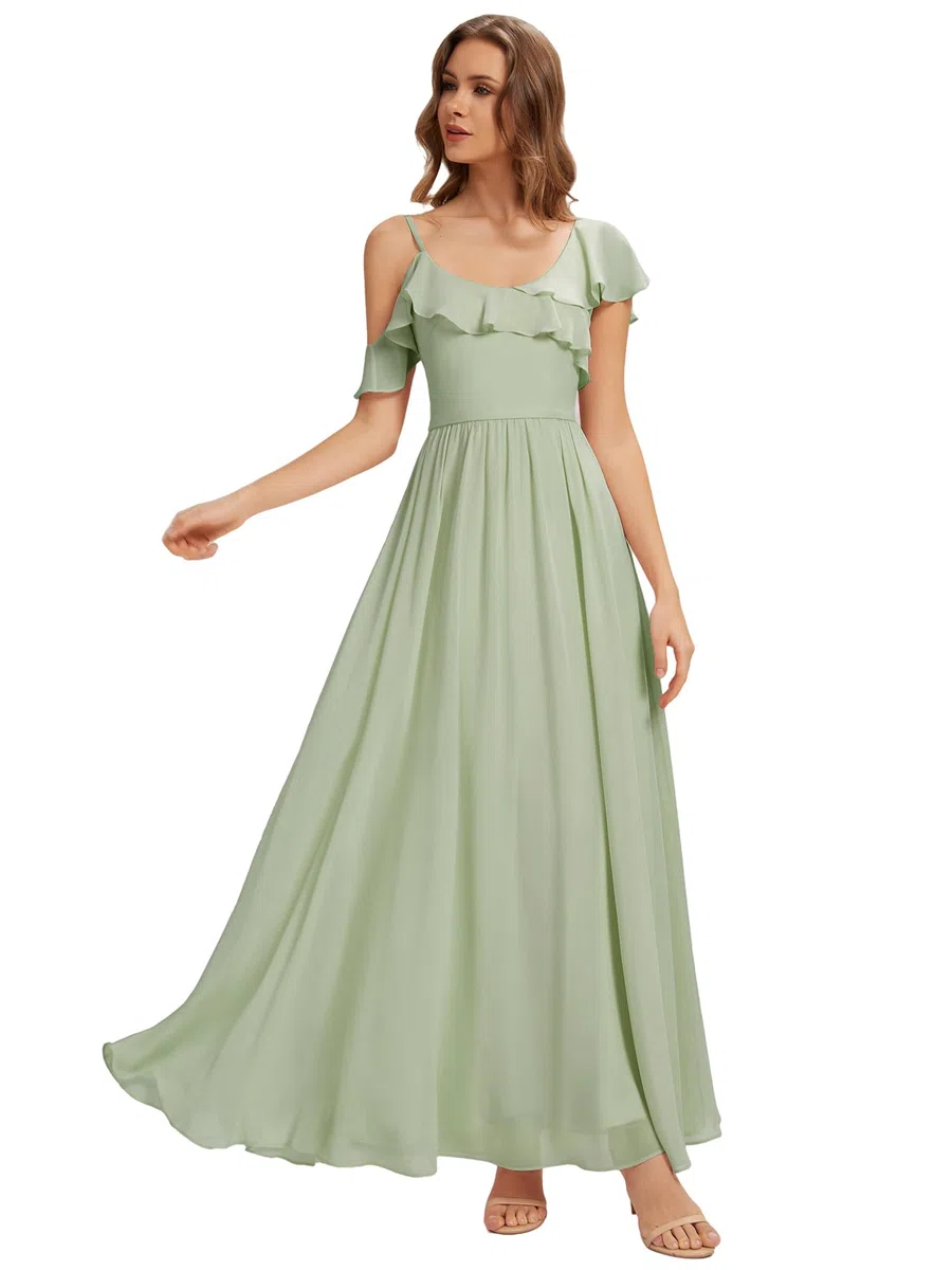 Ever-Pretty Abiti da Damigella Collo Asimmetrico Maniche Corte Chiffon Maxi Gonna Svasata ES02709