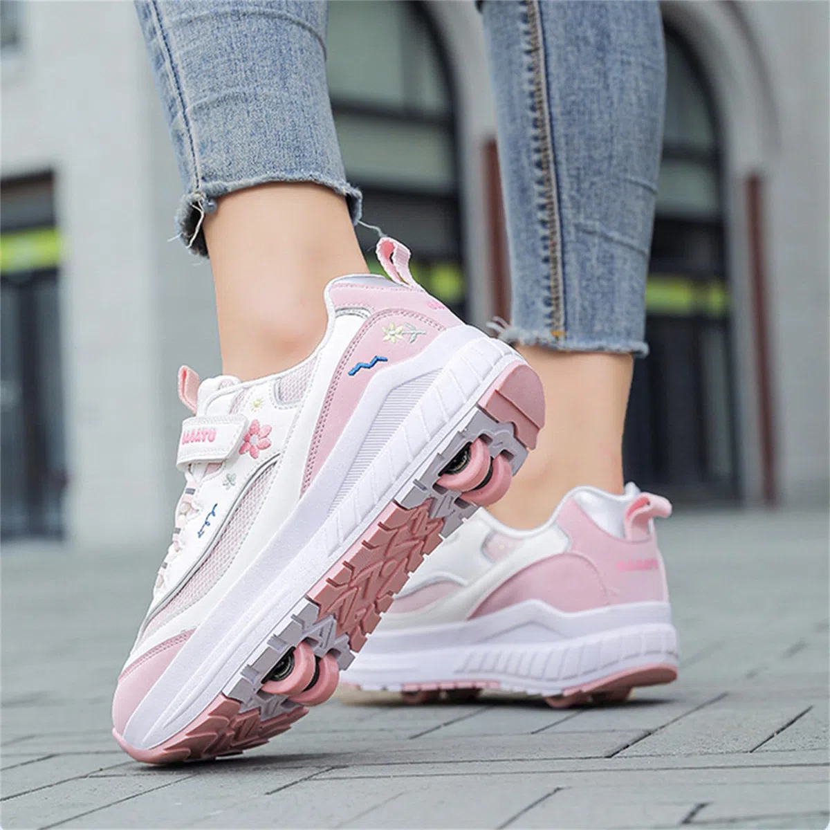 Mateju Scarpe con Rotelle Bambina Ragazza Ragazzo Sportive Scarpe da Skateboard, Fiori 4 Rotelle a Rimovibile Skateboard Ginnastica da Pattini Sneakers per Bambino