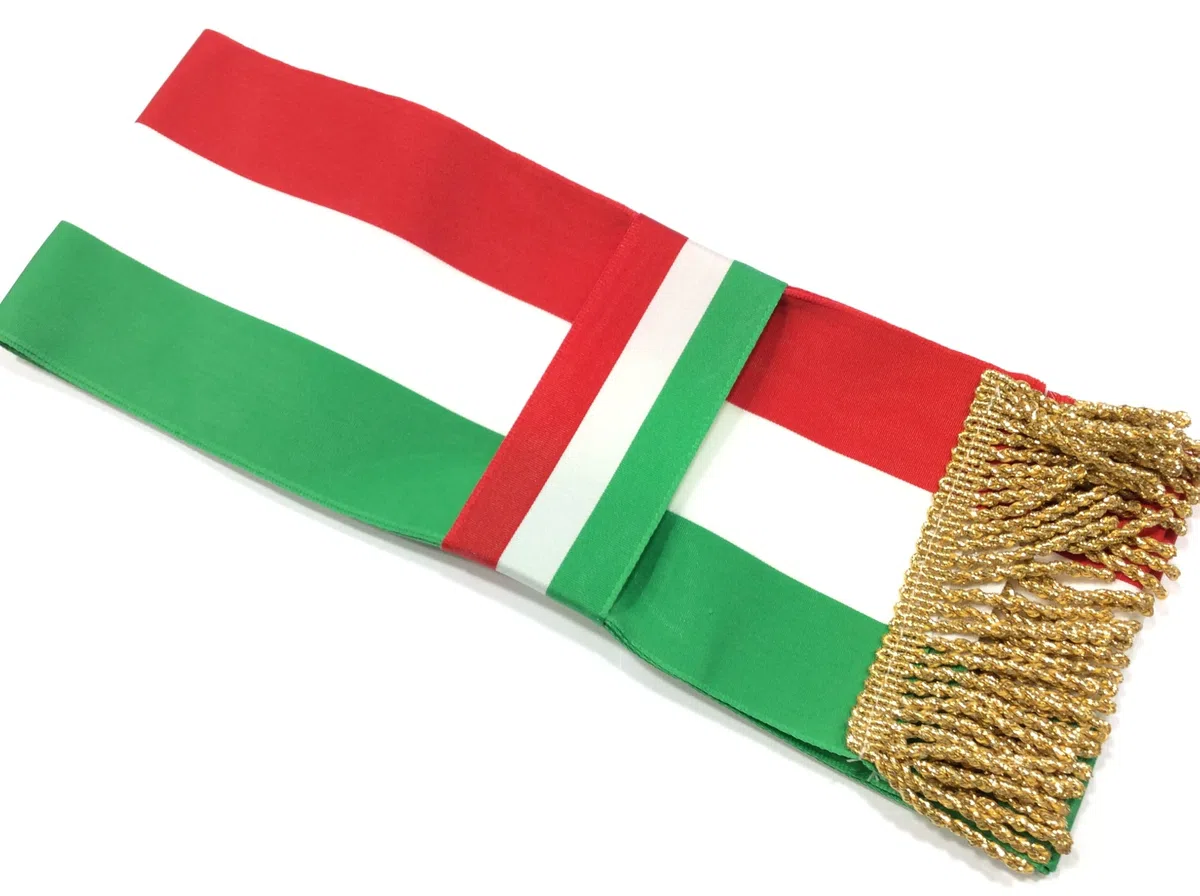 Fascia Tricolore Italiana per Cerimonie, 225 cm x 10 cm, con Frange Dorate, Nastro di Alta Qualità, Verde Bianco e Rosso