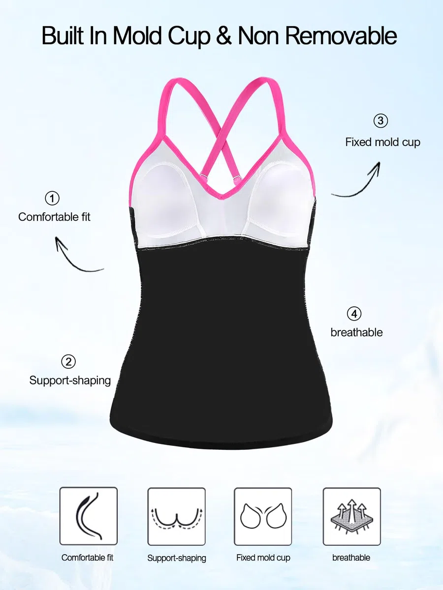 Ocean Blues Tankini da donna con controllo della pancia, push-up, scollo a V, solo top