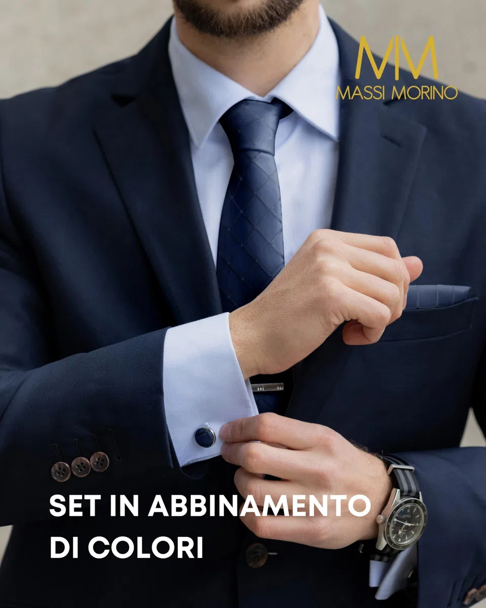 Massi Morino Cravatta e Fazzoletto da Uomo con Gemelli e Fermacravatta, Parure Set | Accessori Sposa | Cravatta Elegante con Confezione Regalo