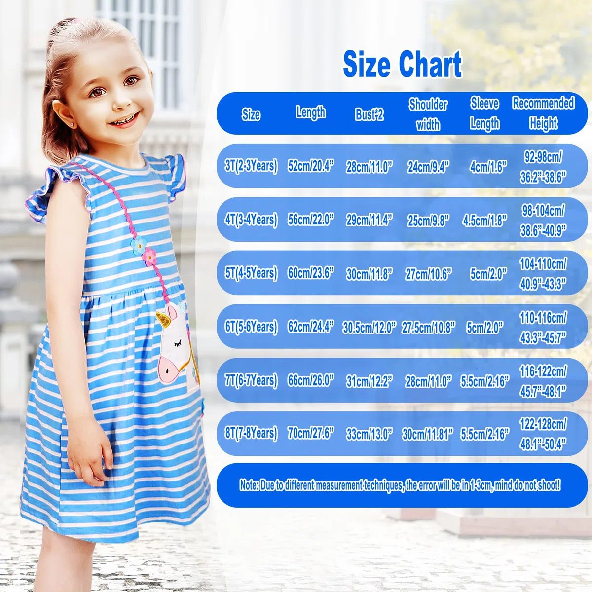 Vestito per Bambina Ragazza Manica Corta Unicorno Abito Stampa Fiore Ricamo Azzurro Striscia Abiti Cotone Cartoon Animale Casuale Vestiti Estivo Festa Compleanno per Regazze Bambini 2-9 Anni