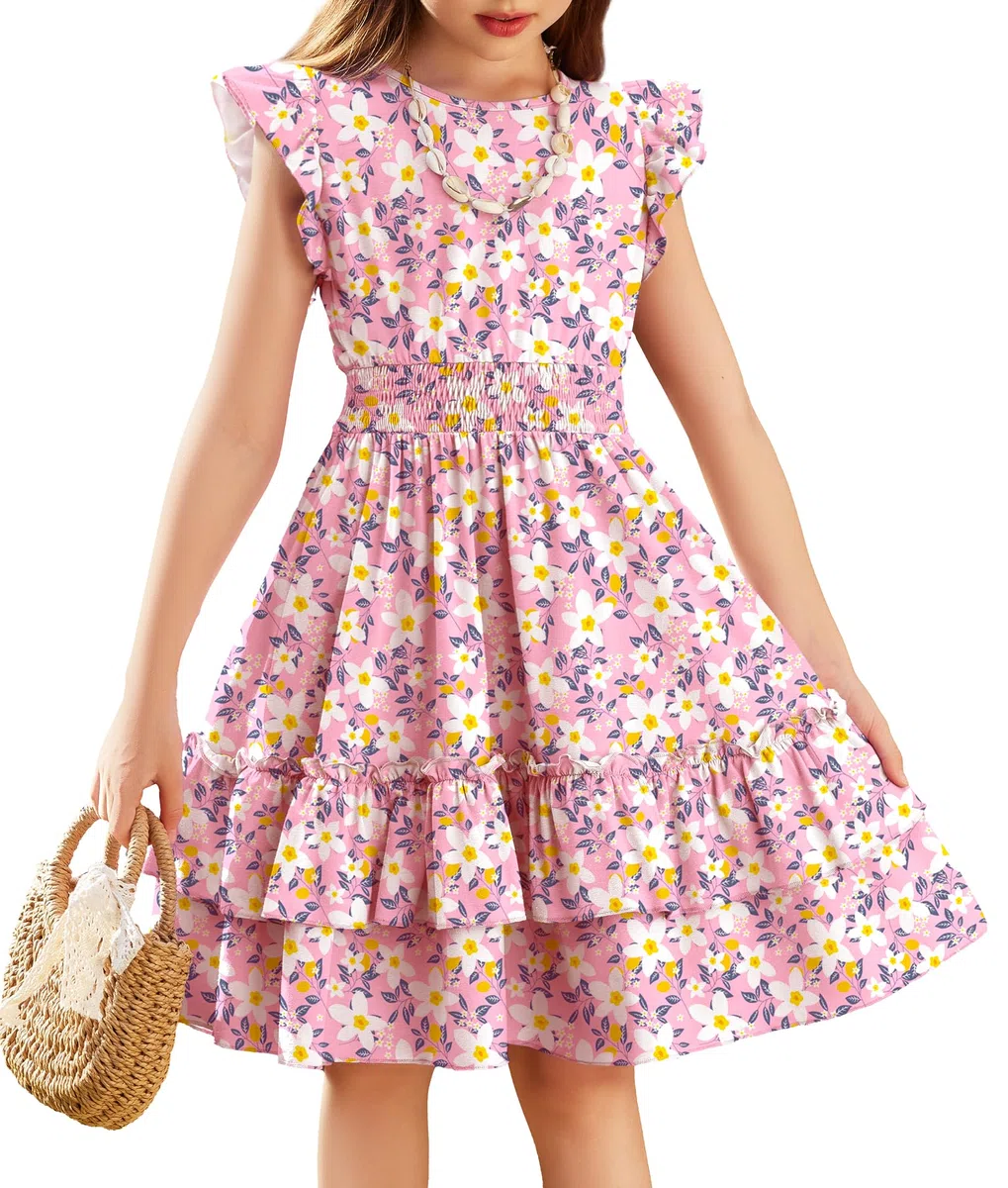 Arshiner Ragazze Abito Maniche Volanti Bambini Estivo Cotone Abito Festivo Elegante Senza Maniche Swing Abiti da Festa per Ragazza 5-14 Anni
