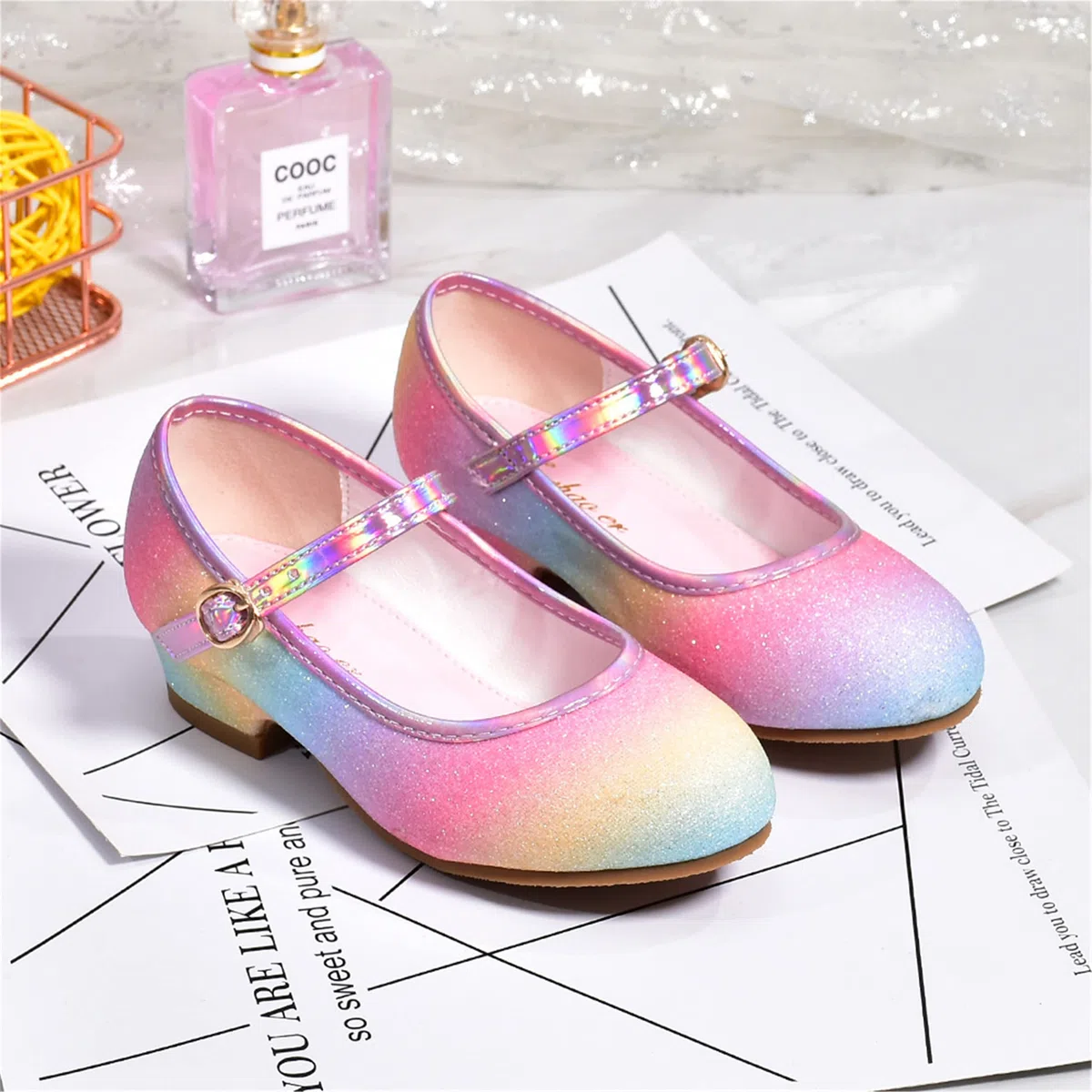 Scarpe Principessa Bambina Scarpe Bimba Tacco Scarpe Arcobaleno Tacchi Ragazza Scarpe Cosplay Principessa con Paillettes Scarpe Eleganti Bambina per Cerimonia Festa