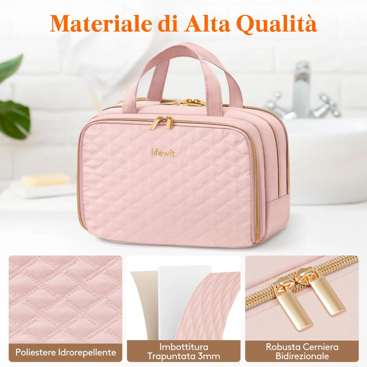 Lifewit Beauty Case da Viaggio da Donna, Beauty da Viaggio, Beauty Case Donna Uomo, Borsa da Toilette, Morbido Pochette Grande con Manico, Porta Trucchi, Regalo per Donna, L, Rosa
