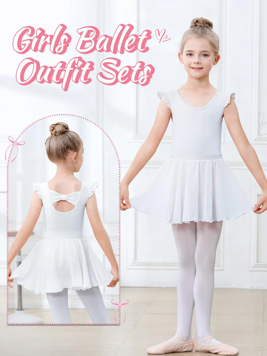 Body da danza per ragazze, con maniche svolazzanti, in cotone, con gonna rimovibile, vestito da ballerina per 3-11 anni