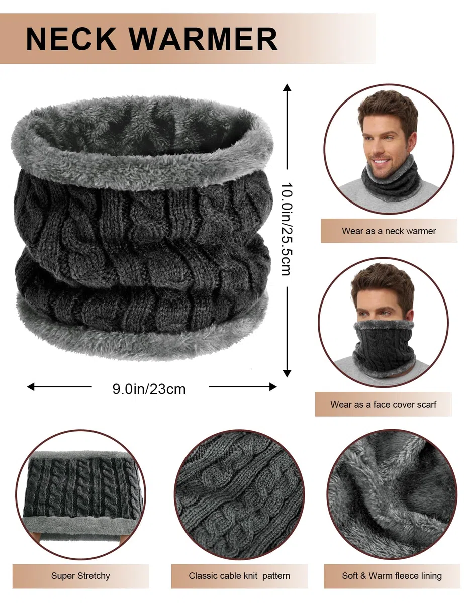 Xnova Cappello Sciarpa e Guanti Touch Screen Uomo con Scaldaorecchie e Calzini Invernale, Morbido Set Scaldacollo Berretto in Maglia 5 Pezzi Unisex, Caldo Cappelli Fodera Pile Invernali (Nero)