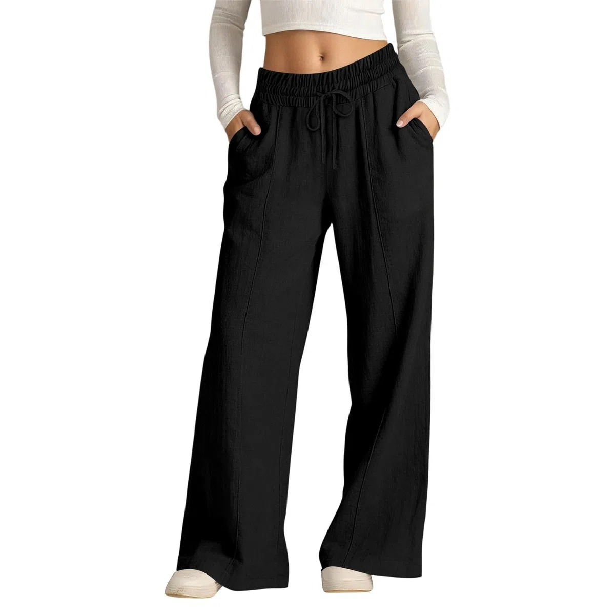 Generico Pantaloni Larghi Donna Estivi Casual - Pantaloni Lino Leggeri Elastico in Vita Elegante Baggy Linen Pants Pantalone da Spiaggia Sportivo Lavoro Vita Alta Pantalone con Coulisse Gamba Larga