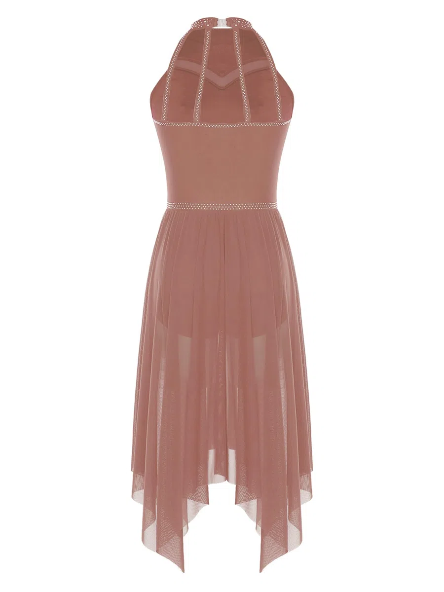 ranrann Vestito da Ballo Lirico Latino Americano Donna Senza Schiena Strass Abito da Pattinaggio Gonna Asimmetrica Danza Moderna Standard Valzer Tango Sala Saggio