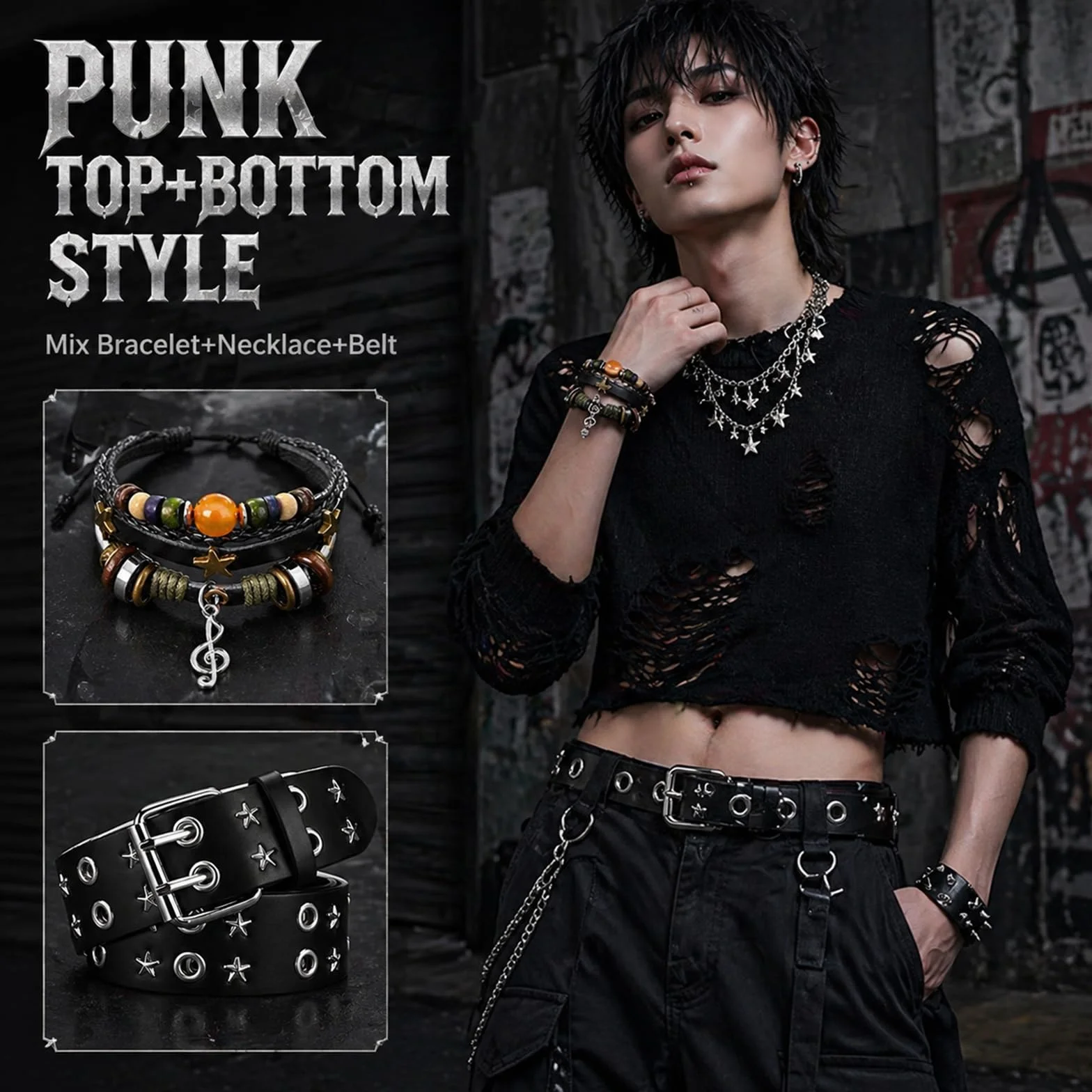 10 Pz Set di Accessori Unisex Y2K Include Cintura con Stampa Stella, Set di 7 Bracciali, Collana Goth Nera e Cintura in Metallo per la Vita - Pelle Nera - Stile Grunge Alt Emo