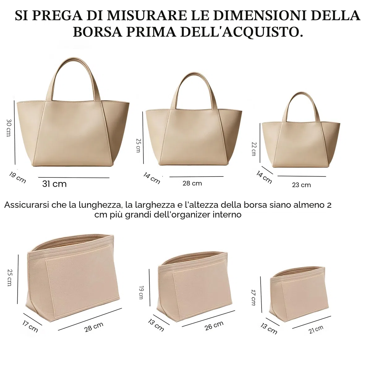 Organizer per Borsa in Feltro con Tasche Multiple – Inserto per Borsa con Tasca con Zip, Organizer Leggero per Tote Bag, Beige, L