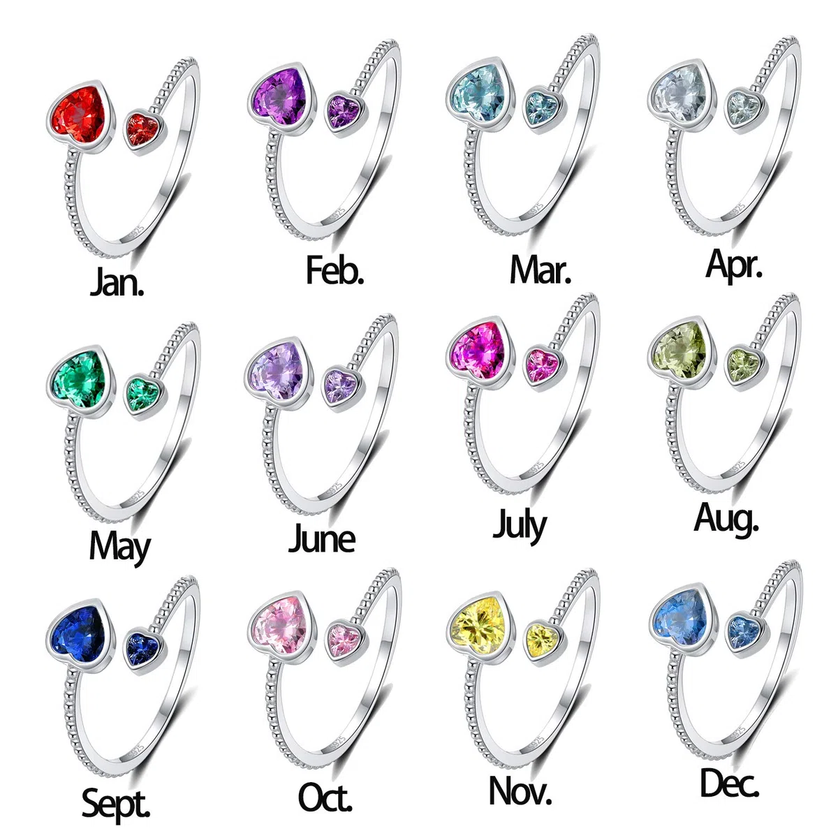 925 Anelli d'Argento Sterlina Pietra Portafortuna per Donne o Ragazza Regolabile Aperto Cuore Pietre Fortunata Banda Compleanno & Gioielli Regalo San Valentino
