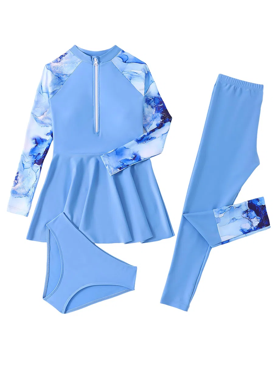 IMEKIS Costume da bagno islamico musulmano da bambina Burkini, a maniche lunghe, con pantaloni e pantaloncini bikini, 3 pezzi, costume da bagno per bambini