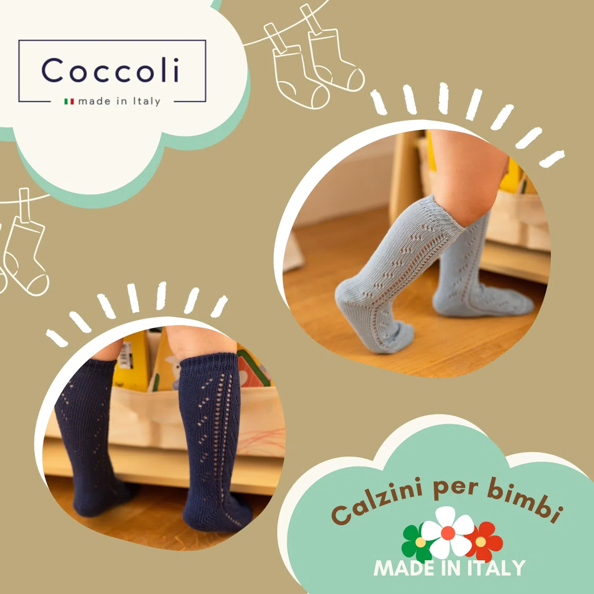 Coccoli | 3 Paia di Calzini Lunghi Neonato in Cotone Elasticizzato con Motivo Traforato, Calzini Traforati Neonato a Tinta Unita, Made in Italy