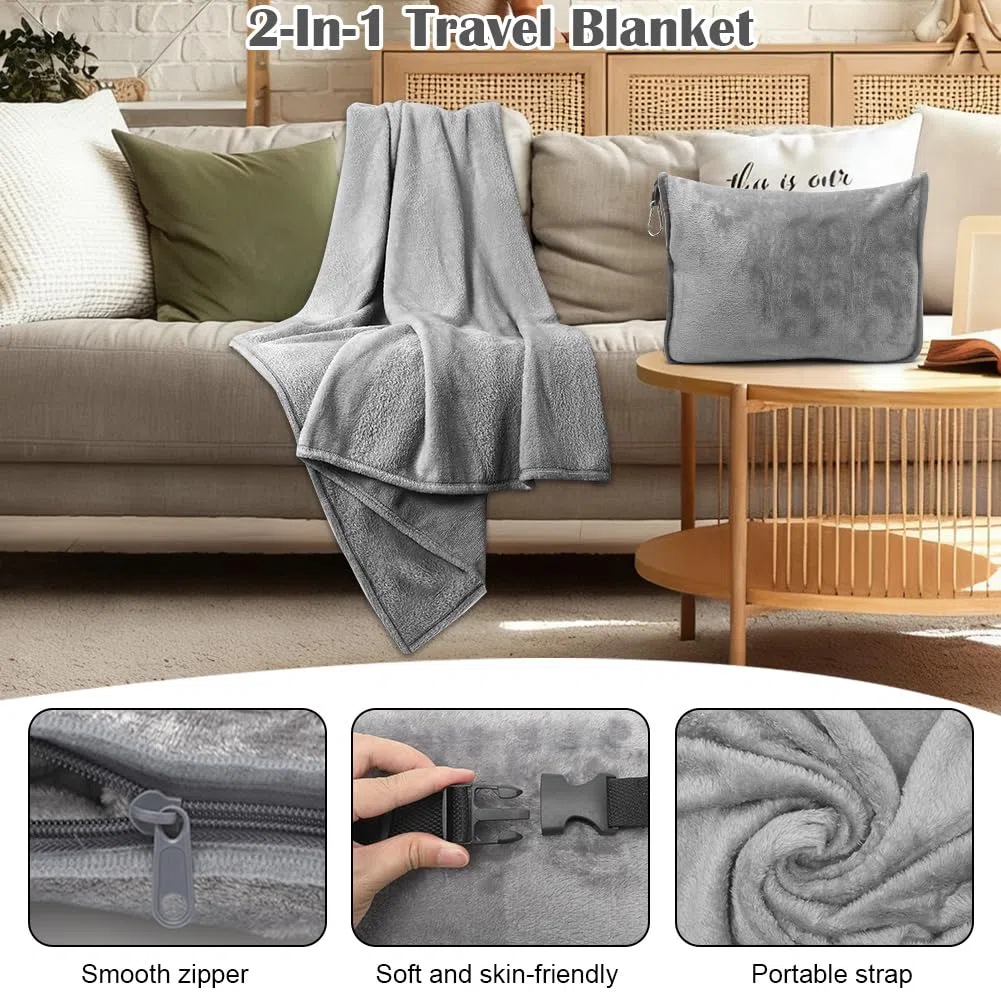 2 in 1, coperta da viaggio e cuscino da viaggio con chiusura lampo, multifunzione, morbida e calda, coperta da aereo, coperta compatta per aereo, auto, ufficio, 127 x 152 cm (grigio B)