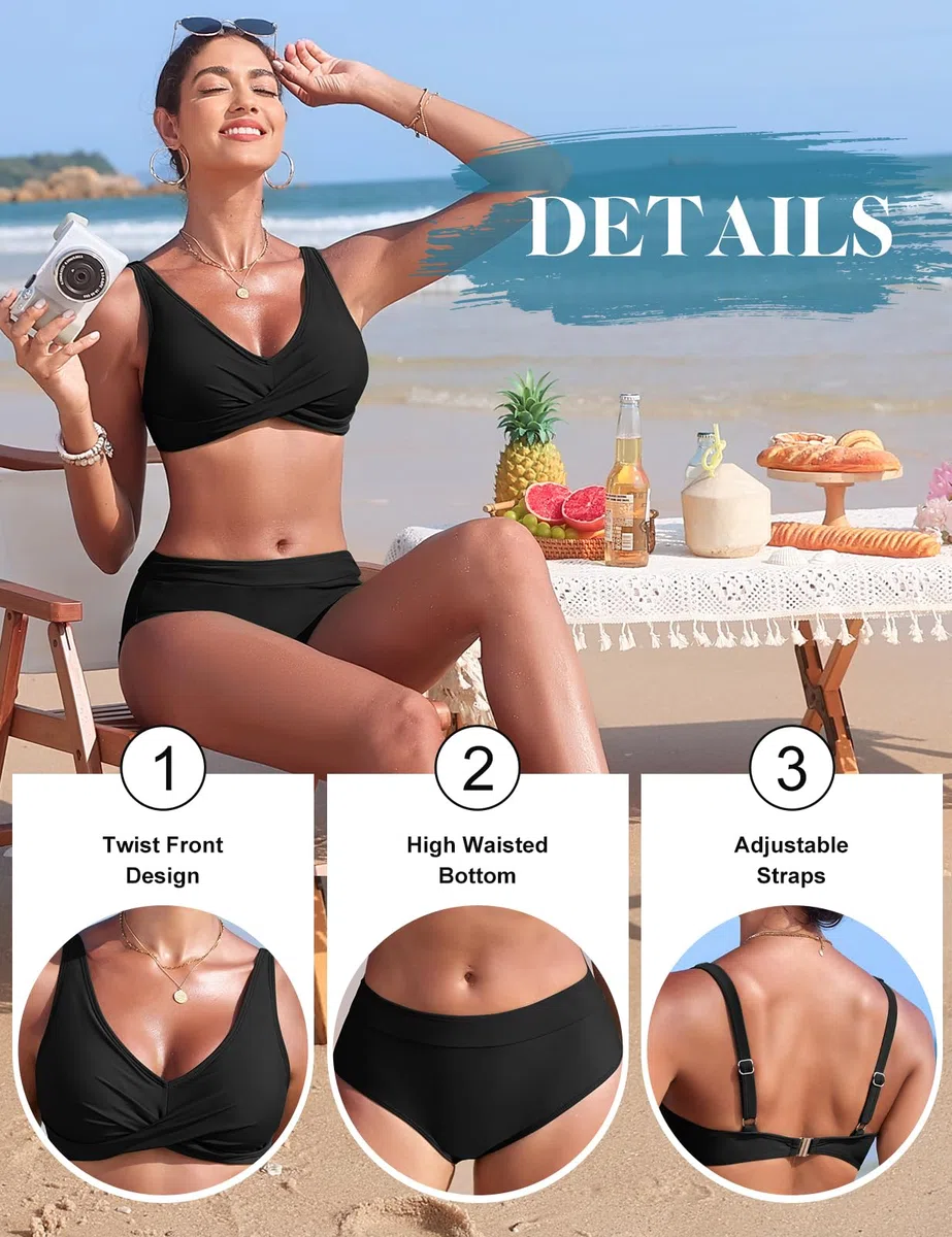 Svanco Costume Donna Due Pezzi Bikini Vita Alta, V-Apertura con Croce e Design Color Block, Costumi Bagno Curvy per Mare e Piscina