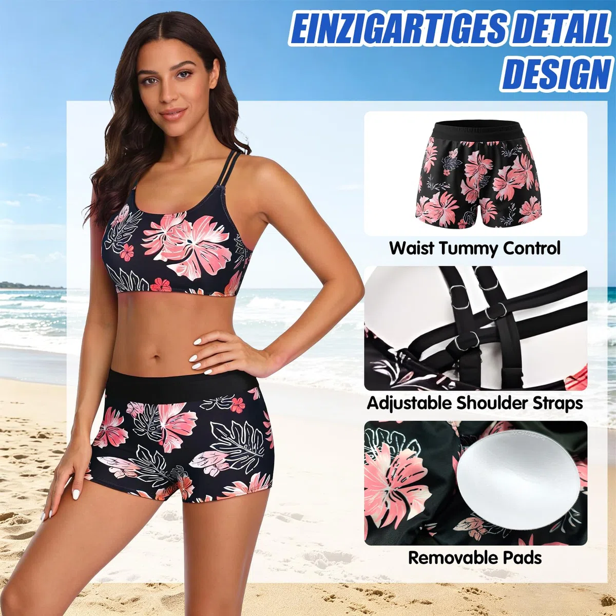 Set di Tankini da Donna, Costume da Bagno con Incrocio di Lacci sul Retro e Design Forato, Costume da Bagno a Due Pezzi, Slip Boxer Shapewear per Snellire la Pancia