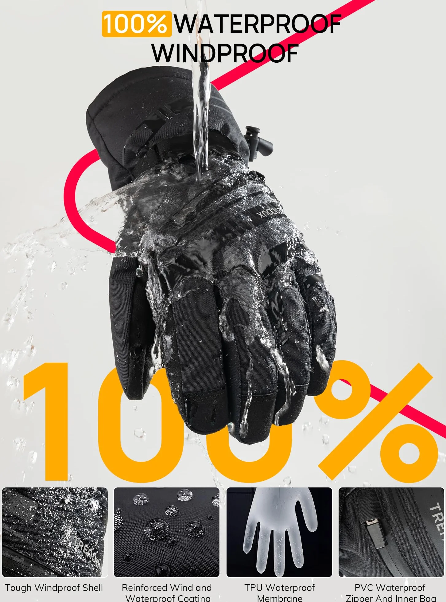 TRENDOUX Guanti da Sci Invernali Impermeabili: Guanti Termici Touch Screen Tempo di Freddo Estremo per Uomo Donna, 3M Thinsulate Caldi Ideale per Snowboard Running Neve Scooter Riscaldati Moto