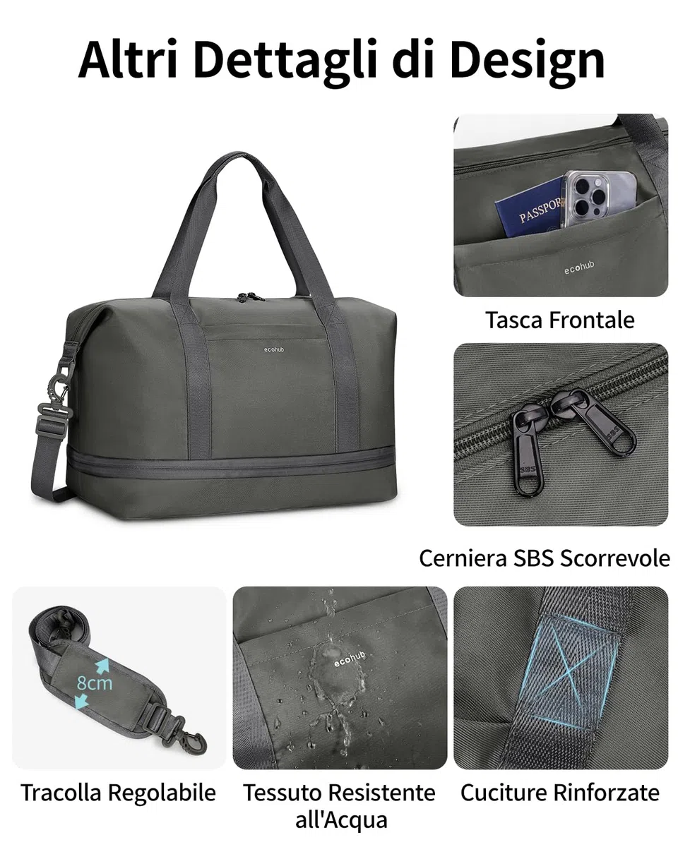 ECOHUB Borsone da Viaggio Pieghevole, Borsa da Viaggio Resistente All'acqua 40x30x20 Per Donna e Uomo, Bagaglio a Mano per Ryanair con Tasca Bagnata per Palestra, Aereo, Weekend, Verde