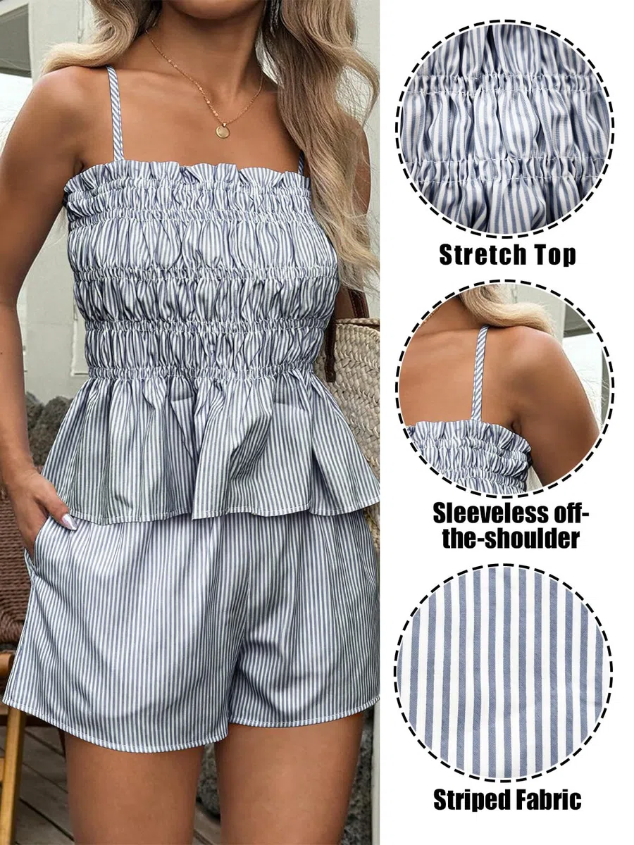 Tuta Donna Estiva 2 Pezzi a Righe Completo Corto Pantaloncini e Maglietta Senza Spalline Elegante da Spiaggia Casual con Tasche
