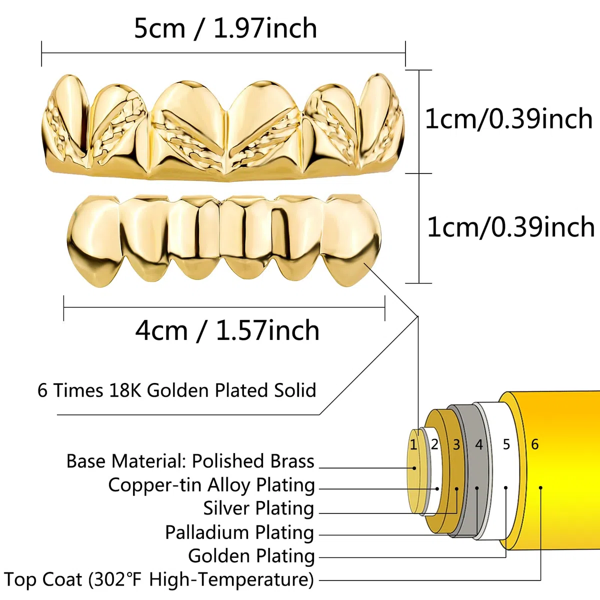 Griglie dentali da uomo Hip Hop da uomo per i tuoi denti, placcate in oro 18 carati, 6 tappi per denti, set per uomini e donne, accessori per costume da rapper, gioielli con barre di stampaggio
