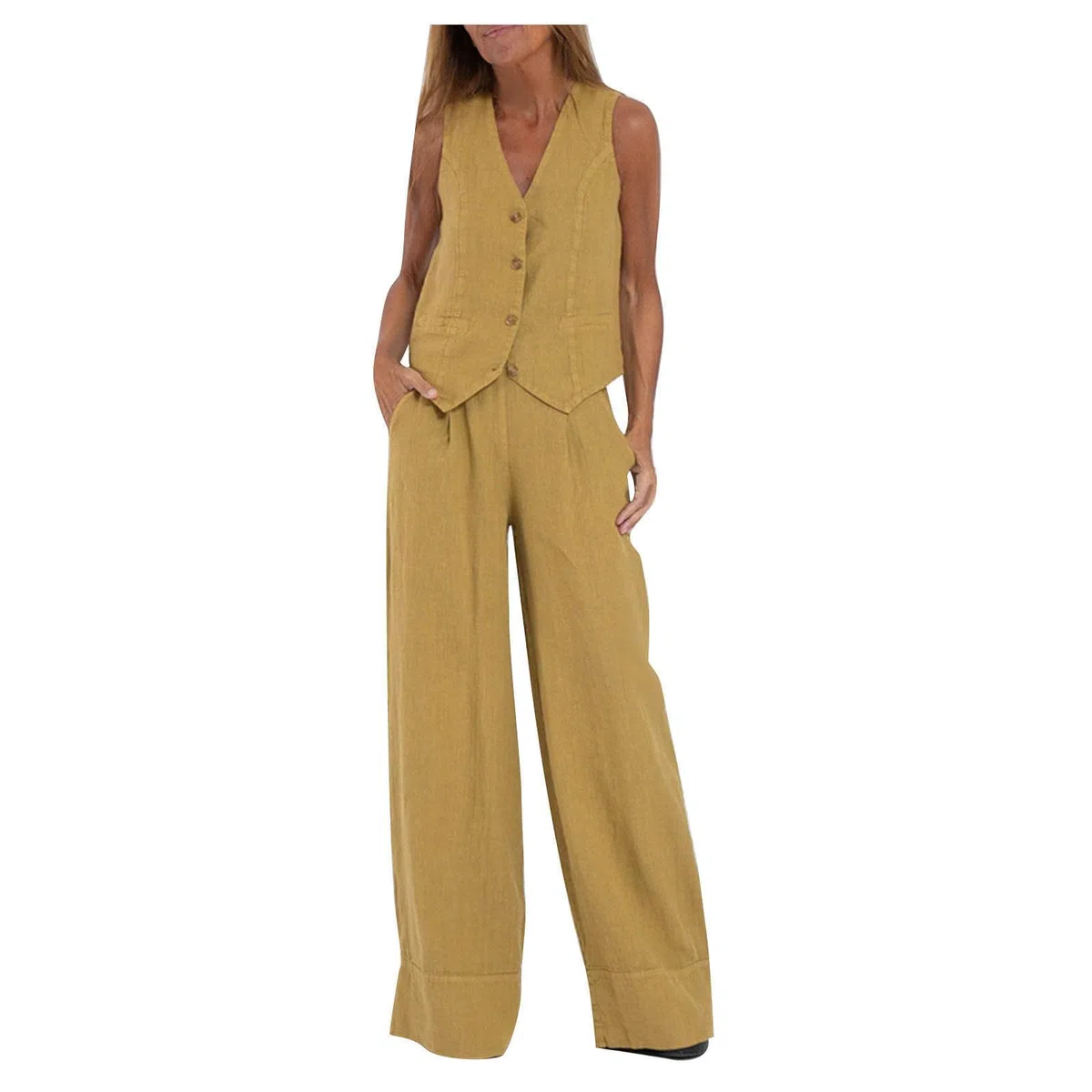 Mrat Set completo da donna con gilet e pantaloni, in cotone e lino, set completo, 2 pezzi, senza maniche, scollo a V, con bottoni, pantaloni a gamba larga, 2 pezzi, giacca per lavoro, ufficio