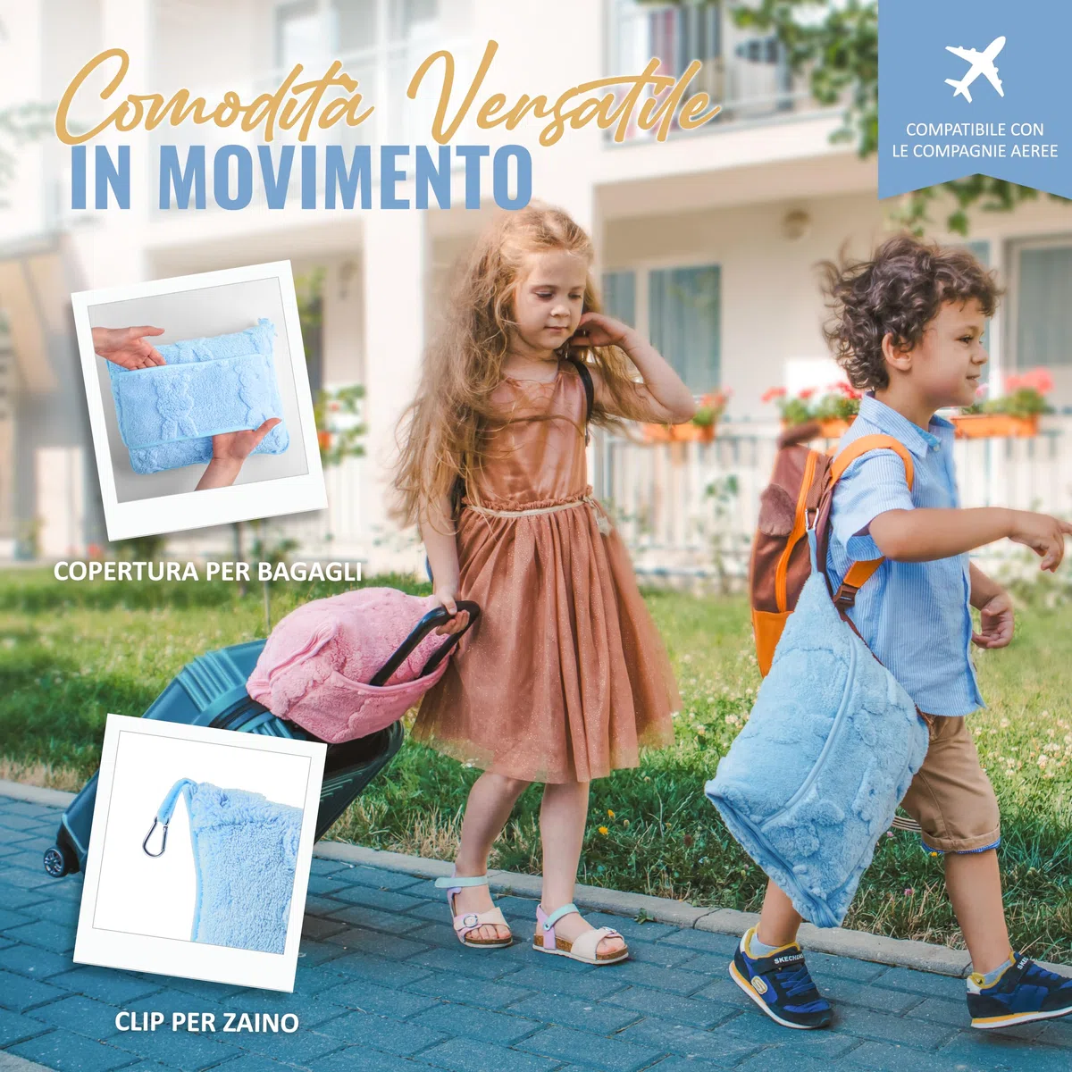 BOACAY Coperta da Viaggio per Bambini per Aereo, Auto - Coperta Plaid Morbida per Bambini per All'asilo - Cuscino per Ragazze, Ragazzi con Clip per Zaino, Manica per Bagagli