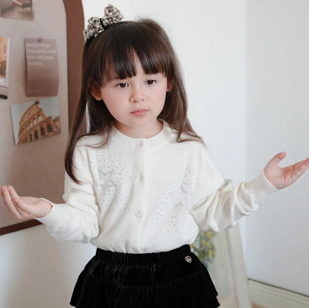 Rolanko Cardigan da Bambina a Maglia a Maniche Lunghe in Cotone，Maglione Girocollo Basic Schoolwear