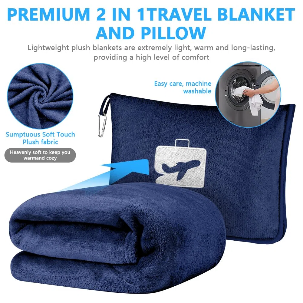 Flintronic Coperta da Viaggio 2 in 1, 155 x 130 cm, morbida coperta aeronautica con federa e tappi per le orecchie, ultraleggera per vacanze, ufficio, casa, viaggi d'affari (blu
