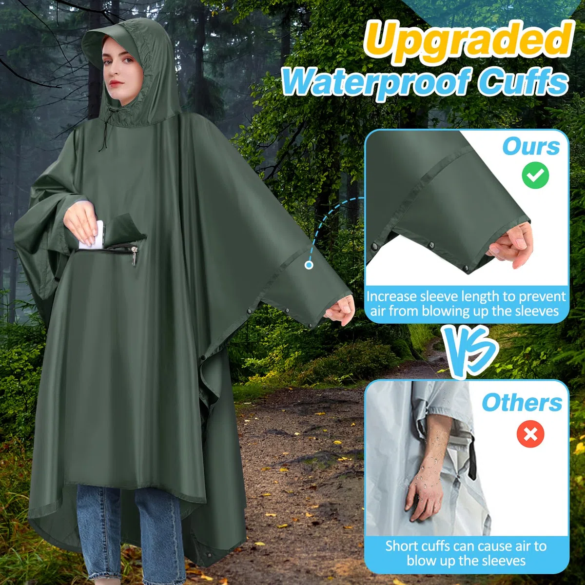 Poncho Antipioggia Impermeabile Riutilizzabile con Cappuccio Maniche e Riflettore Poncho Impermeabile per Adulti unisex Portatile Poncho Pioggia per Uomo Donna Trekking Campeggio Pesca