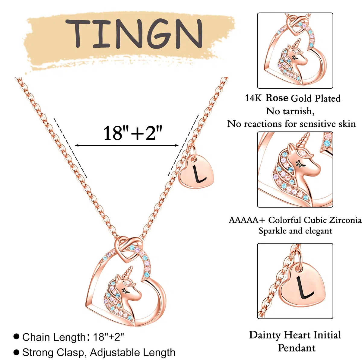 TINGN Regali Unicorno per Ragazze, Iniziali Placcate Oro Rosa 14K Ciondolo a Cuore CZ Collana Unicorno con Lettere per Ragazze Bambini Collana Unicorno Regali Anniversario per Donne Gioielli Ragazze