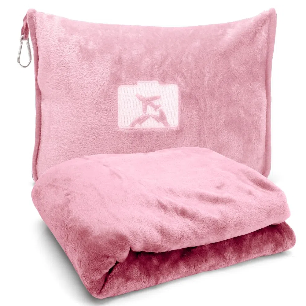 Coperta da Viaggio 2 in 1, 127 x 152 cm Coperta con Cuscino, Coperta Calda, Ultraleggera per Vacanze, Ufficio, casa, Viaggi d'Affari (Rosa)