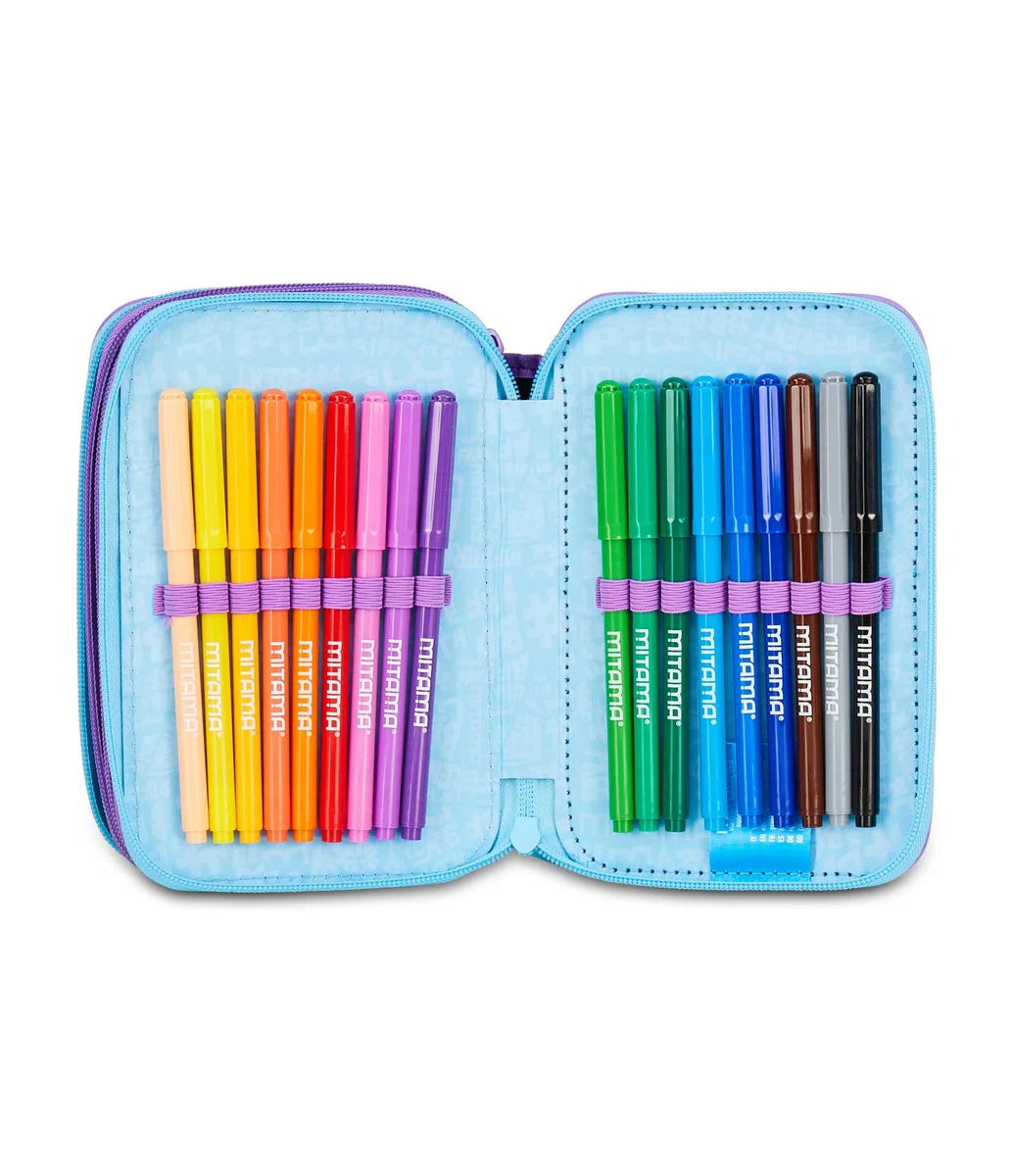 Mitama Astuccio Scuola 3 Scomparti, TRIPLO DAISYPOP, Contenuto 47 pz, Completo di Matite, Pennarelli, Portapenne Scuola Elementare Bambina
