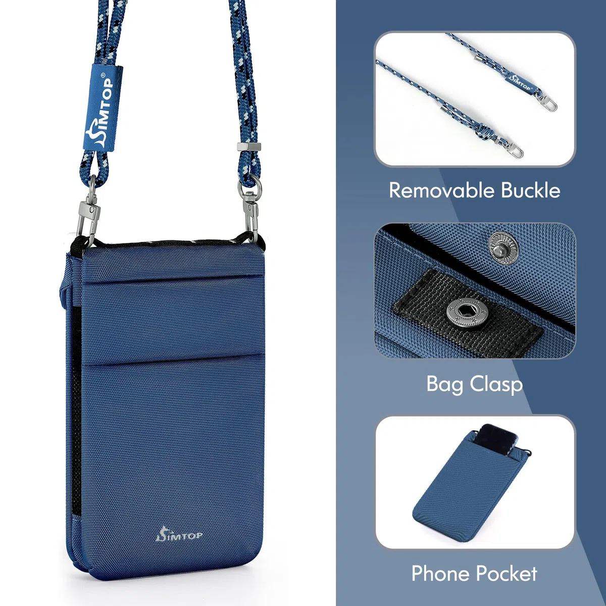 SIMTOP Custodia da Collo Impermeabile Con Protezione RFID per Uomo e Donna, Custodia Per Smartphone,Telefono Cellulare con Tracolla Per Passaporto, Borsa per Monete da Viaggio Leggera Blu