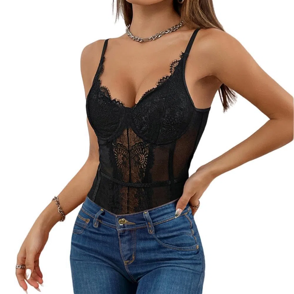 Body Donna Sexy Rete Trasparente Spaghetti Strap Bodysuit Top Profondo Collo a V Senza Maniche Body in Pizzo Floreale Elegante Jumpsuit Aderente Un Pezzo Tuta Basic Cami Camicie Moda Going Out Top