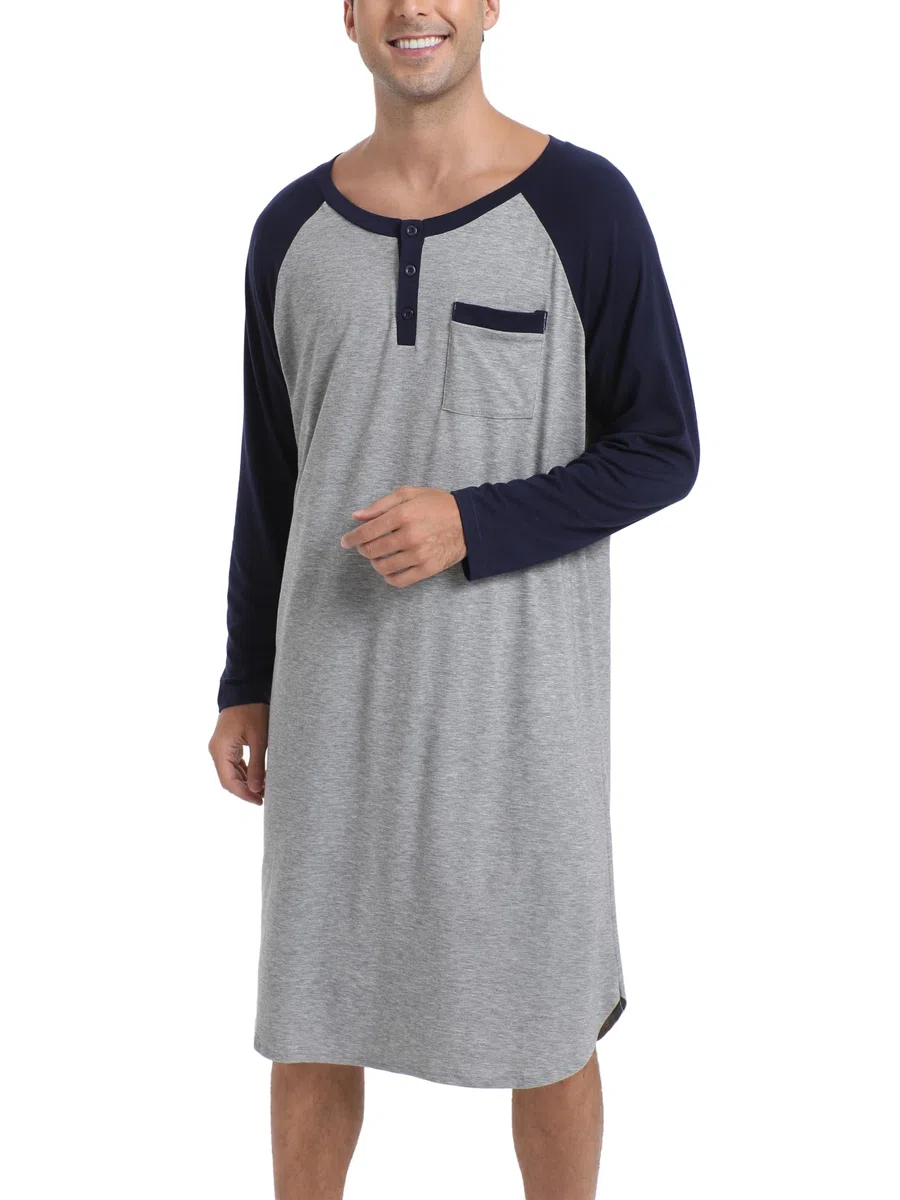 Enjoyoself Maglie Pigiama da Uomo in Cotone Maniche Lunghe Camicie da Notte per Primavera Autunno
