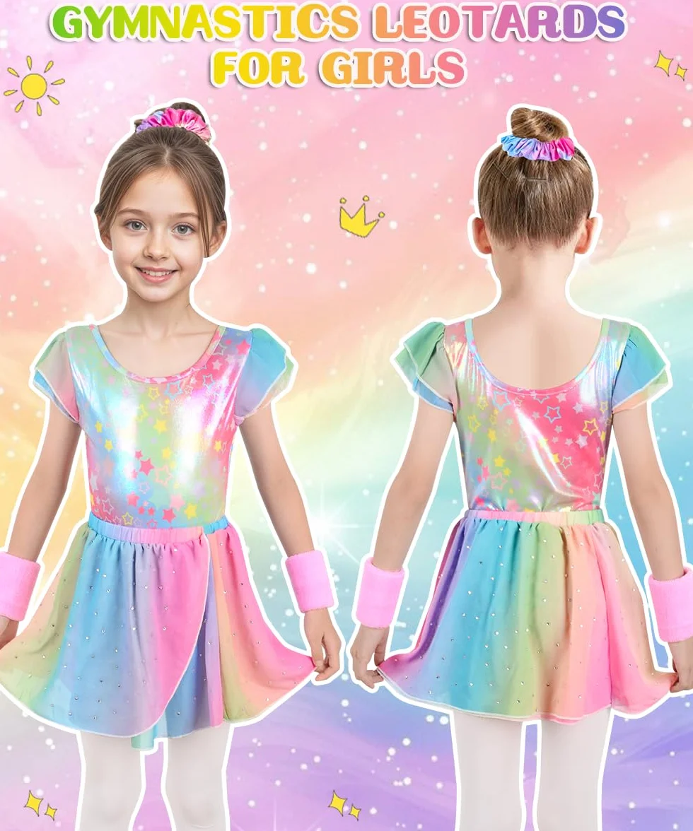 Body Ginnastica Artistica Bambina, Set 5 Pezzi con Body Senza Maniche, Pantaloncini, Fascia Capelli, Polsini, Completo per Ginnastica, Danza e Spettacoli, 4-9 Anni