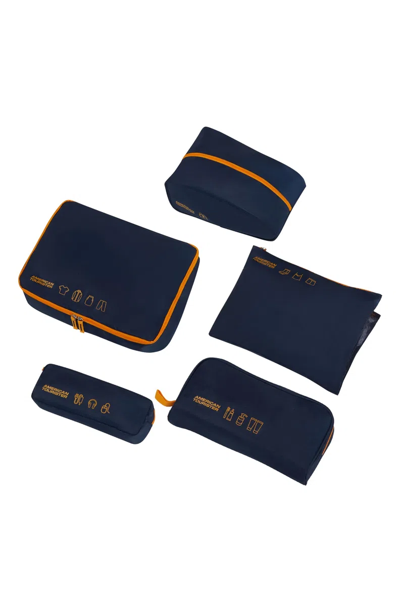 American Tourister Set di Cubi da Viaggio 5 Pezzi – Organizer da Viaggio & Organizer pr Valigia pr Vestiti, Scarpe e Accessori, Organizer pr Bagaglio e Bagaglio a Mano, Blu Scuro/Arancione