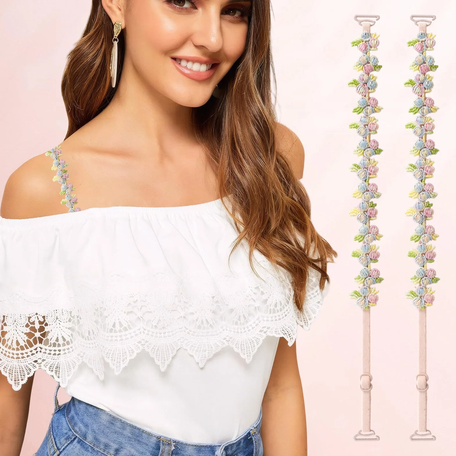 Naapesi 1 Paio di Spalline per Reggiseno Detacchabili a Pizzo Florale | Regolabili, Antiscivolo & Eleganti | Perfette per Vesti a Spalle Nude e Top Estivi