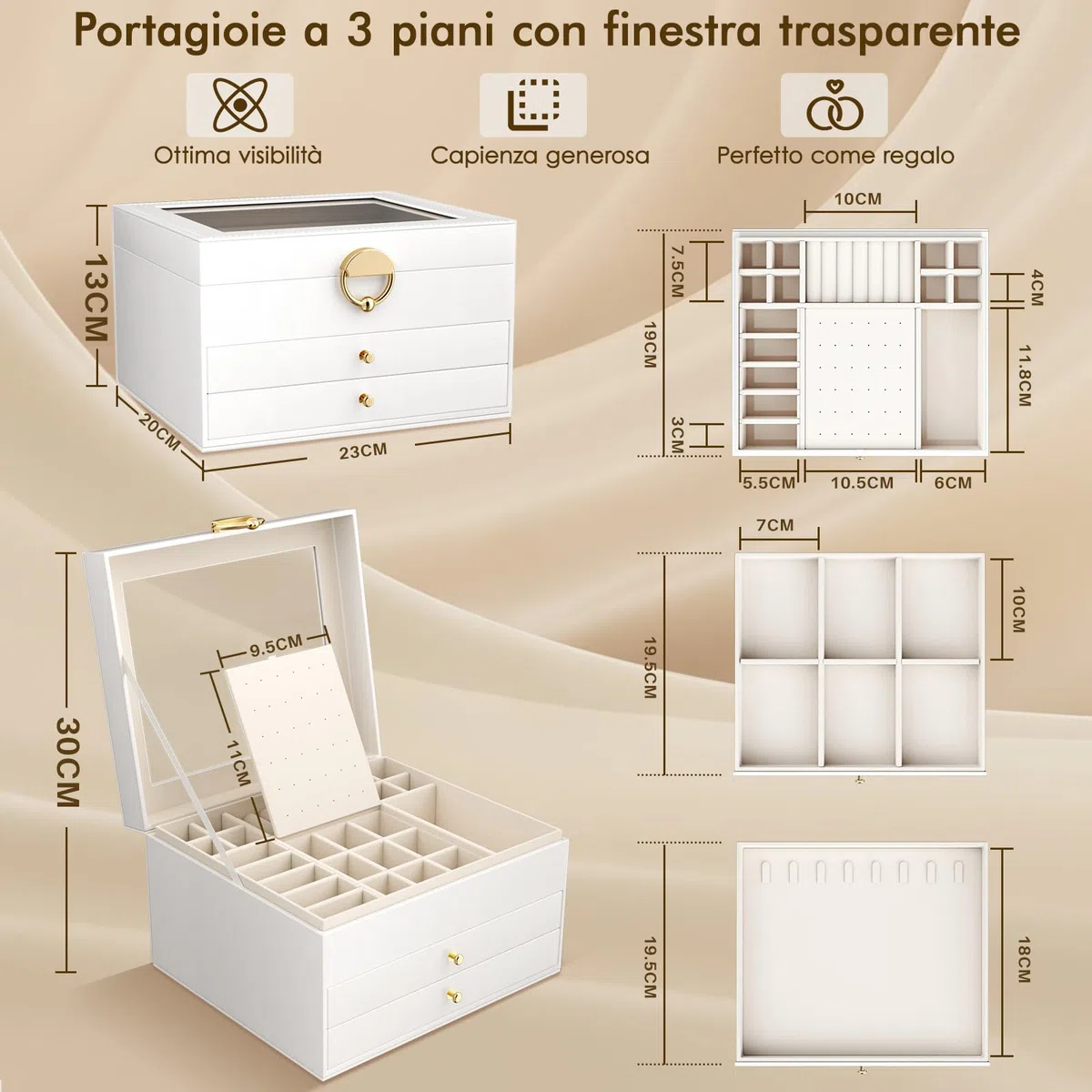 Grande Scatola Portagioie Donna 3 Livelli – Organizer Gioielli Elegante con 24 Scomparti – Custodia per Anelli, Collane e Bracciali con Coperchio Trasparente – Regalo Perfetto per Donna (Bianco)