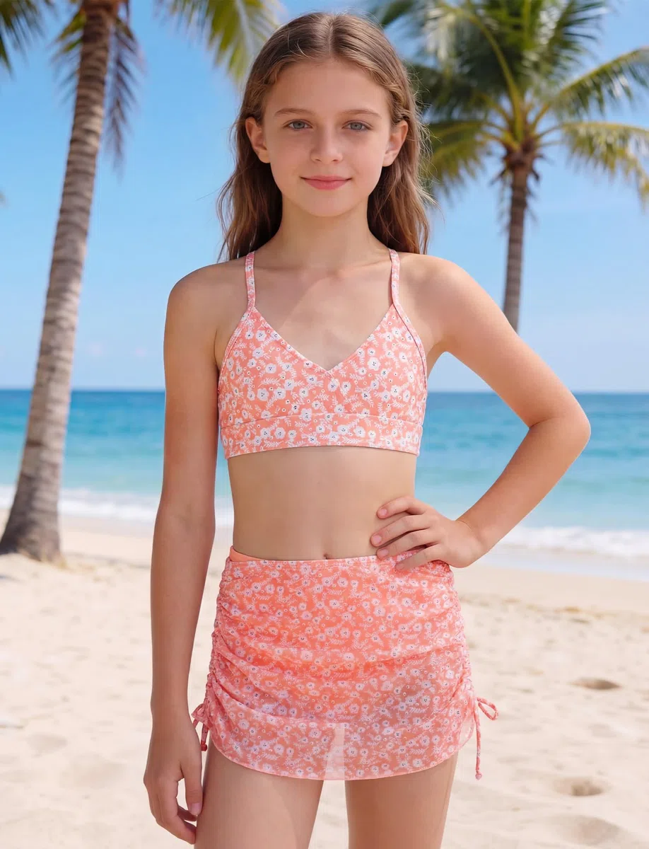Happy Cherry Ragazze Costume da Bagno 3 Pezzi Bikini Top con Coprire Gonna da Spiaggia Bambina Nuoto Costume Surf Costumi da Bagno Stampa Floreale 8-14 Anni
