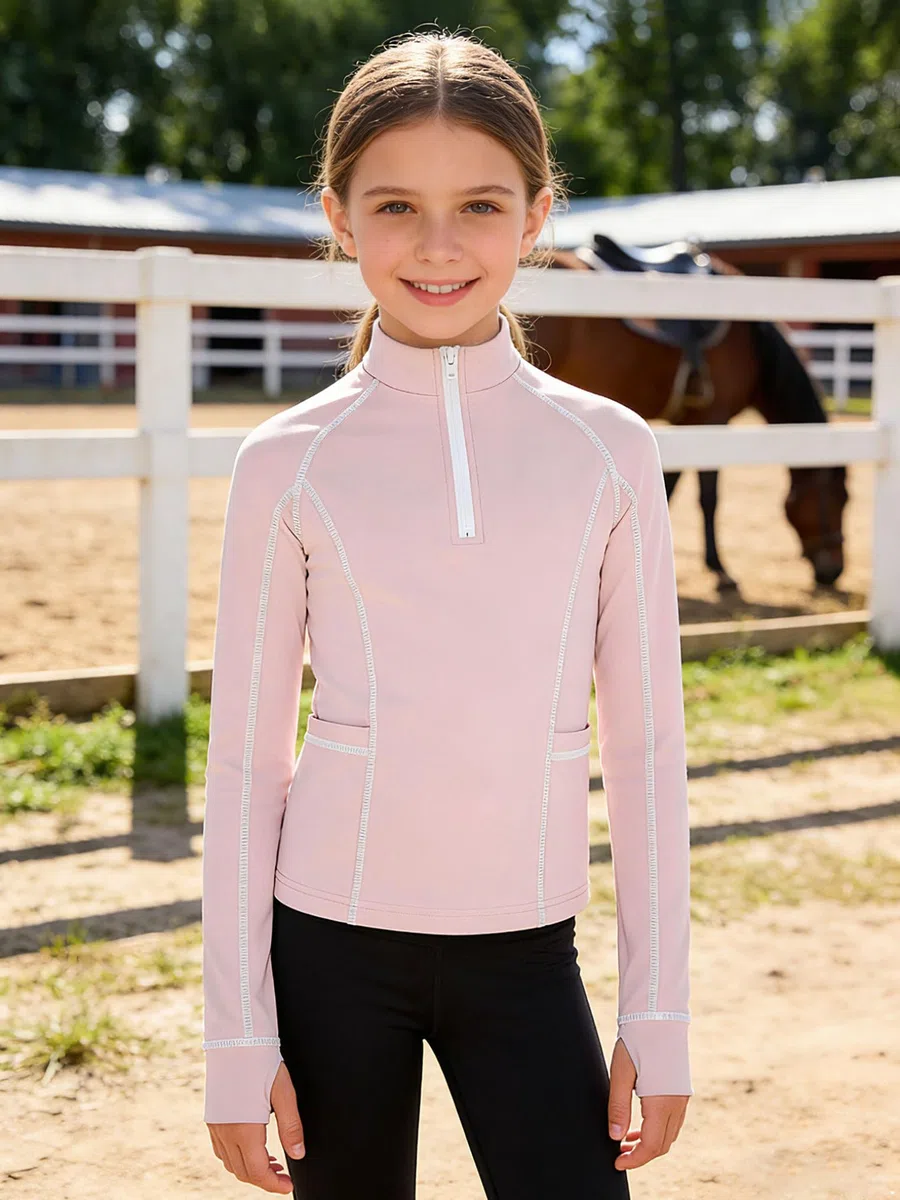 Freebily Maglietta Sportiva da Equitazione Bambina Top Equestre Maniche Lunghe Maglia da Torneo Collo Alto T-Shirt Concorso Camicie da Spettacolo Equestre