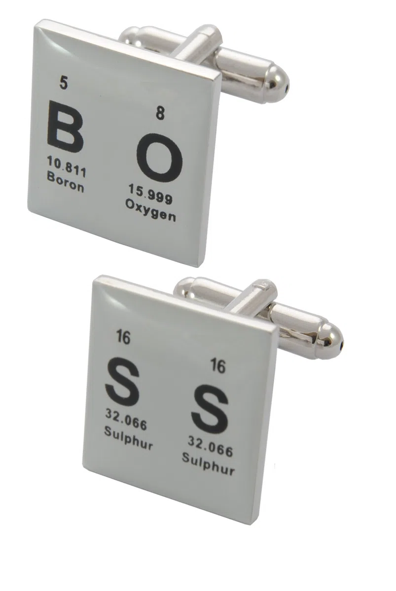 Gemelli Camicia Uomo Nero e Bianco - Con Scatola - Ottone - "BOSS" - Tavola Periodica - Quadrati Simboli Chimici Scienza - Un Paio