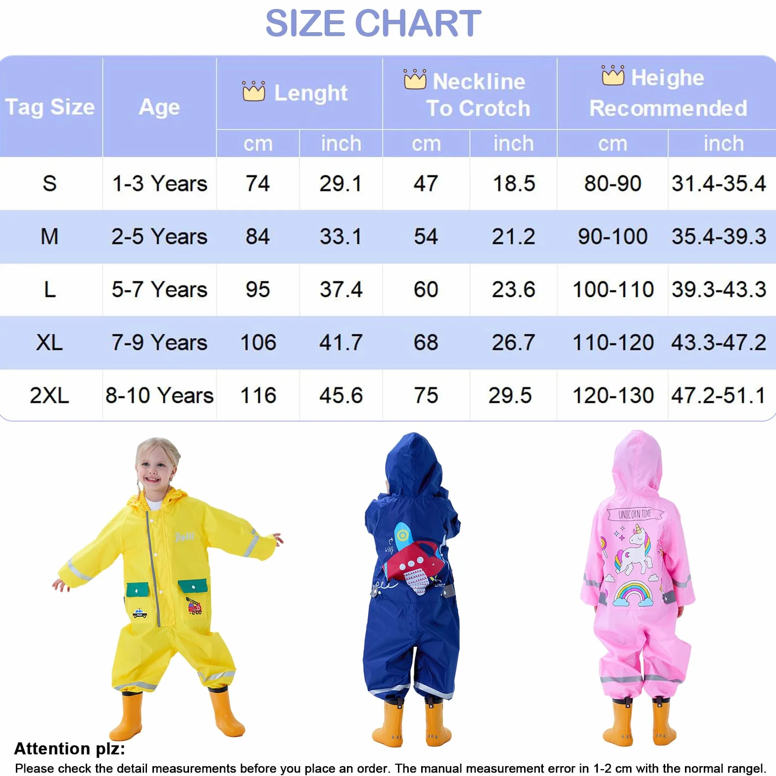 Tuta da Pioggia per Bambini Ragazzi Ragazze Impermeabili Un Pezzo Giacche da Pioggia Bambina Motivo Unicorno Poncho Antipioggia Tuta Impermeabile da Fango 1-10 Anni