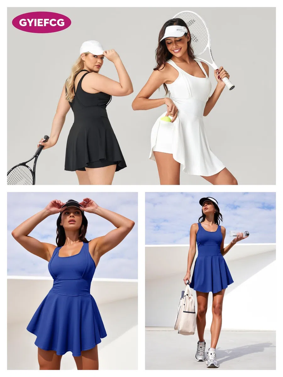 Abito da donna senza maniche 2 in 1 per tennis e golf, da allenamento, con pantaloncini integrati