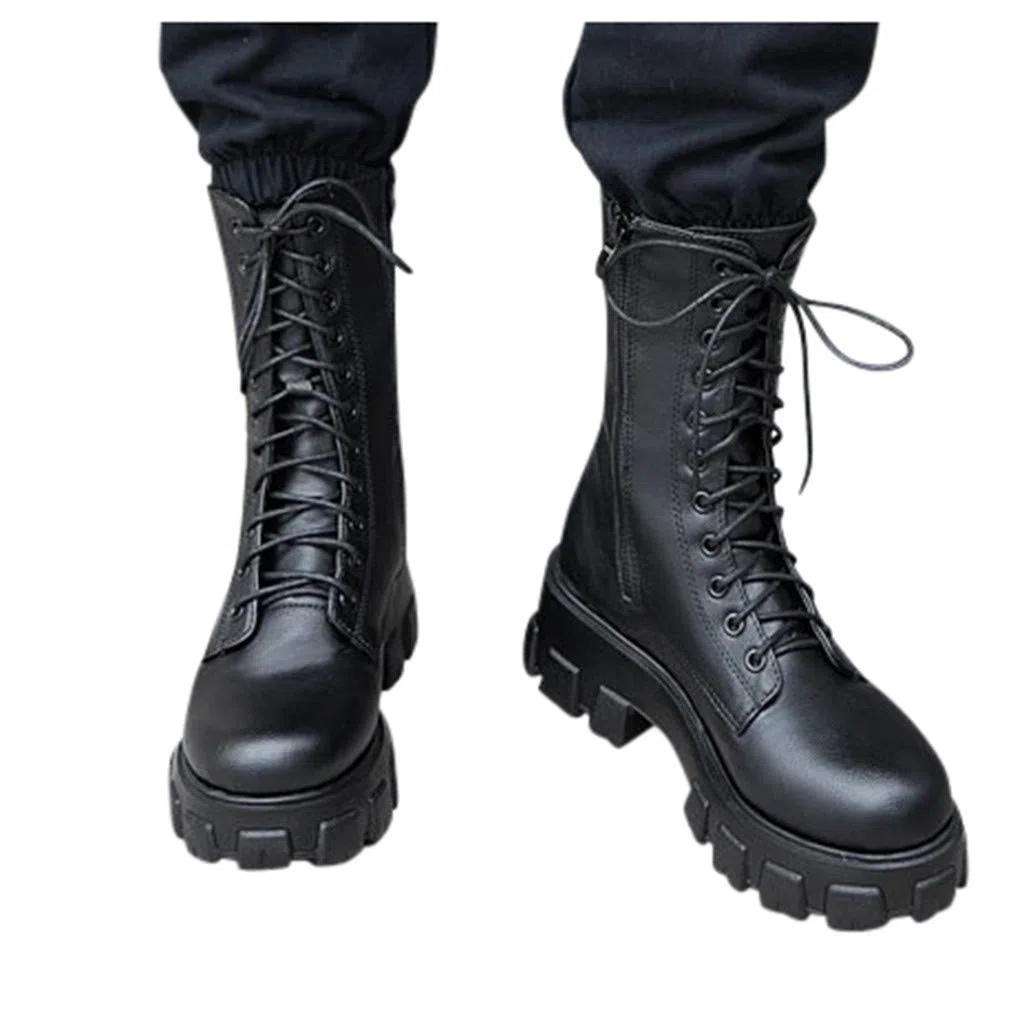 Stivali stringati da donna, da combattimento, da donna, in pelle, con plateau, da equitazione, per autunno, inverno, da lavoro