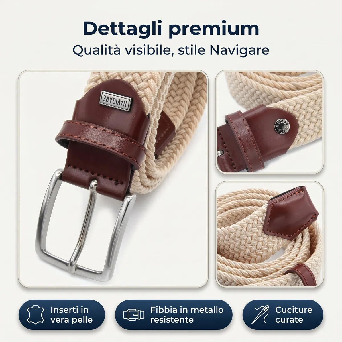 Navigare Cintura Elastica Intrecciata Made in Italy, Uomo e Donna, con Inserti in Vera Pelle