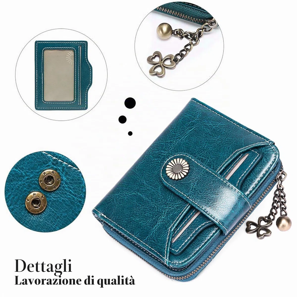 SENDEFN Portafoglio Donna in Pelle Vegana di Blocco RFID in Pelle Corto Portamonete per Donna con 8 Scomparti per Carte 2 Finestra di Identificazione,Metallo Pendente e 1 Tasca con Cerniera